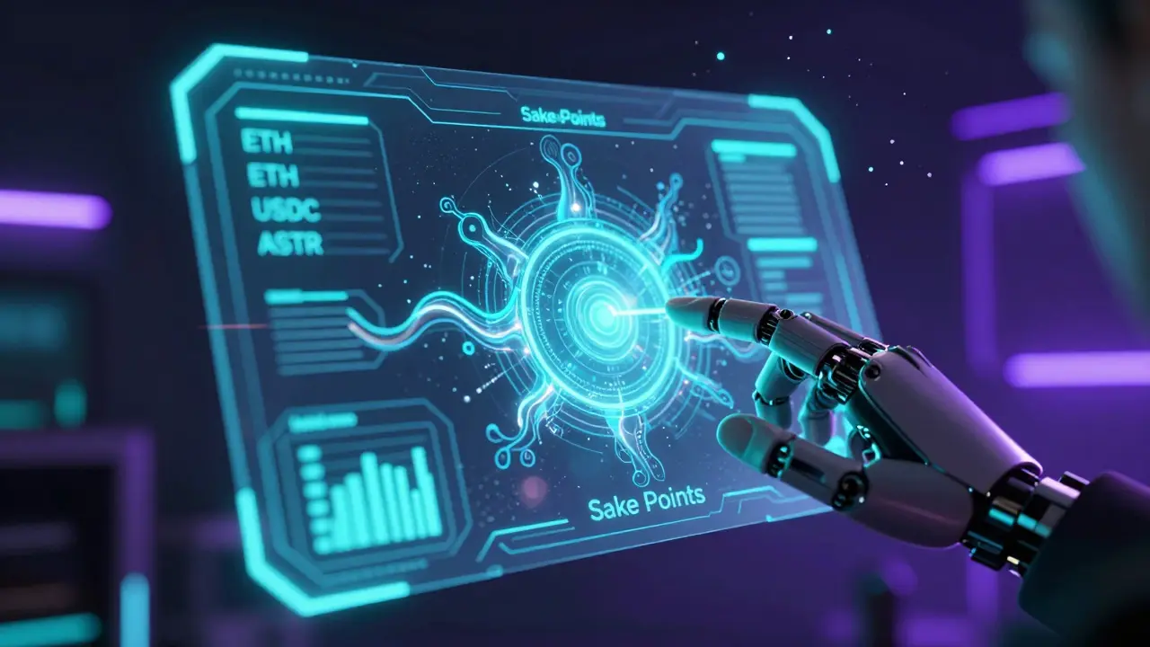 Close-up of a holographic DeFi interface showing neon asset flows for earning Sake Points.