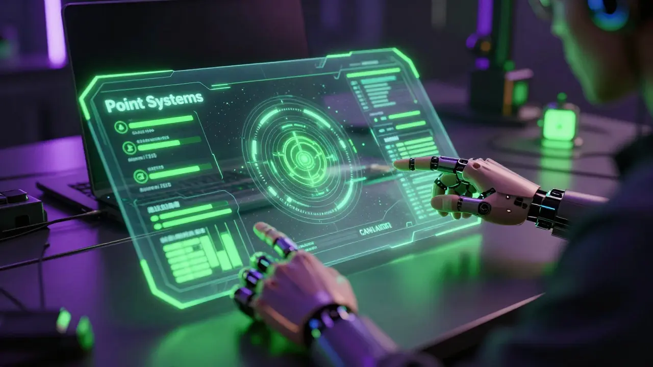 Cybernetic hands interacting with a neon holographic dashboard for token points.