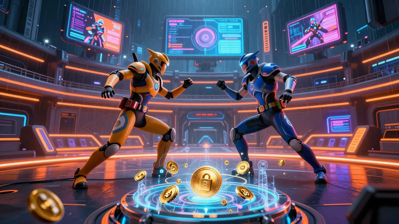 Cyberpunk battle in a neon arena with floating golden HERA tokens and futuristic warriors.