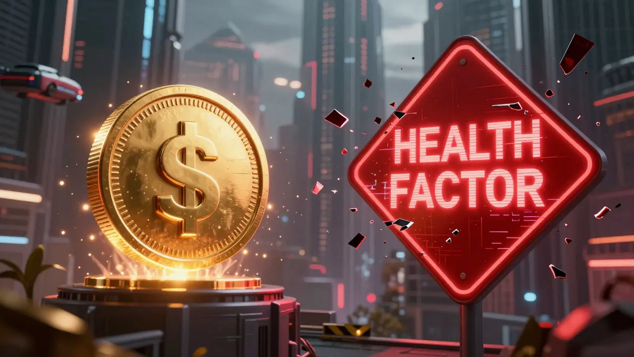 Cyberpunk conceptual art contrasting a glowing SAKE token reward with a red liquidation warning.