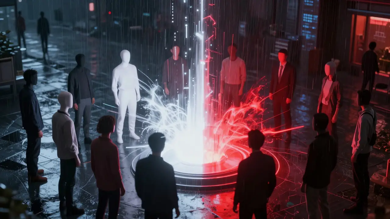 Cyberpunk crowd gathered around volatile energy core in rainy city.