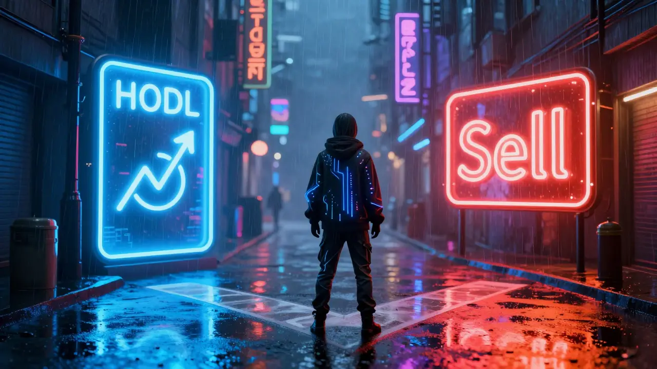 Cyberpunk figure in a neon alley deciding between holding or selling digital assets