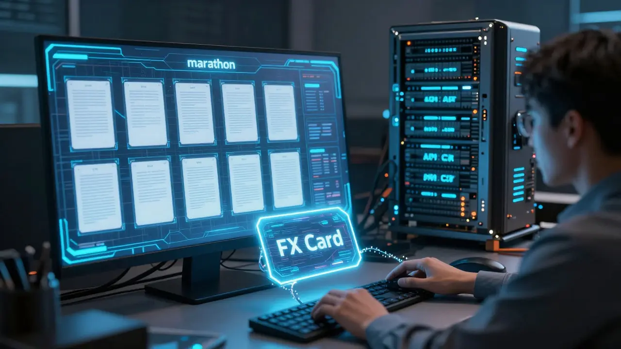 Cyberpunk office with holographic documents and a glowing FX Card gateway