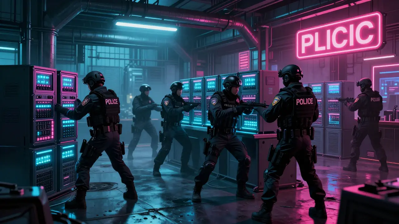 Cyberpunk tactical officers seizing glowing cryptocurrency hardware in a dark warehouse.