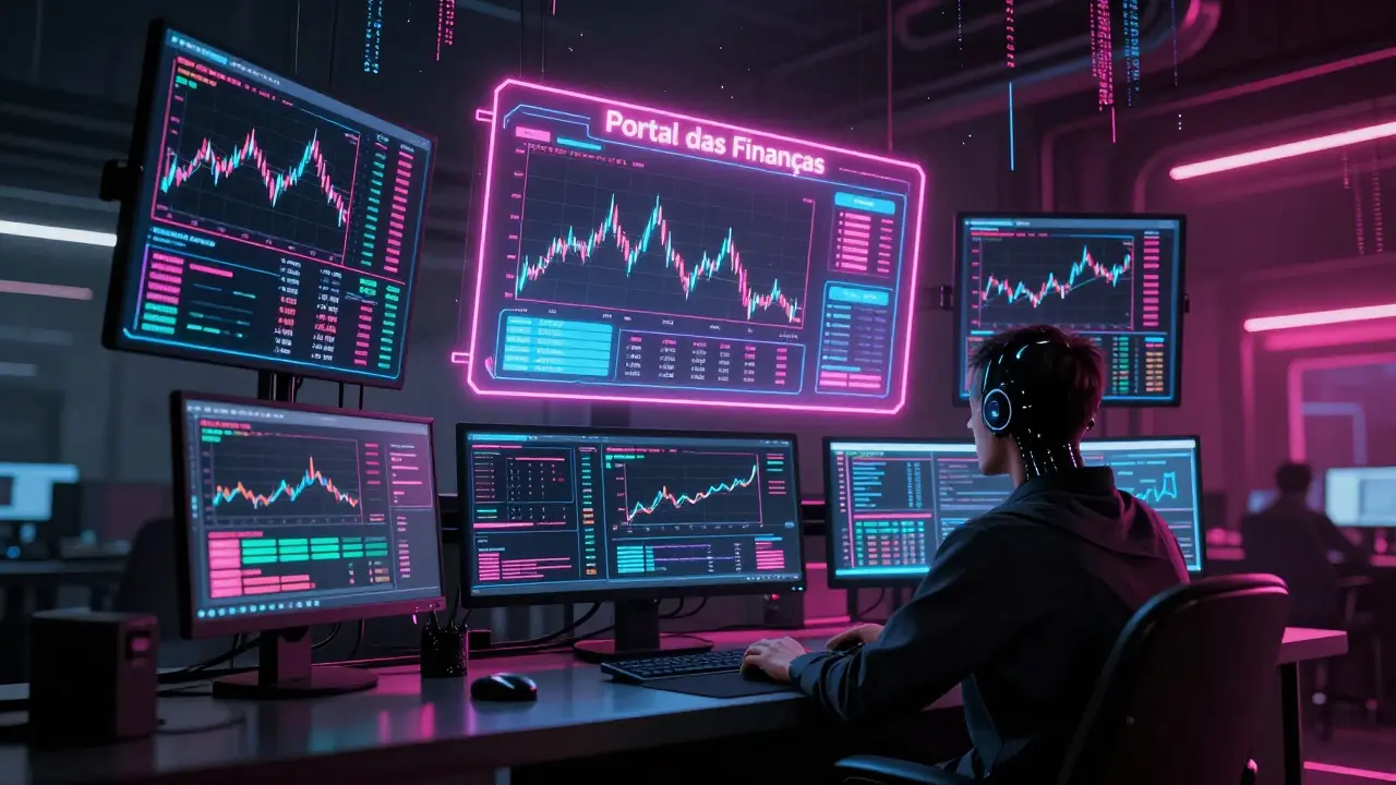 Cyberpunk trader's command center with holographic financial charts and tax dashboards.