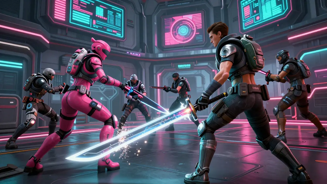 Cyberpunk warriors fighting in a high-tech arena with a glowing plasma katana