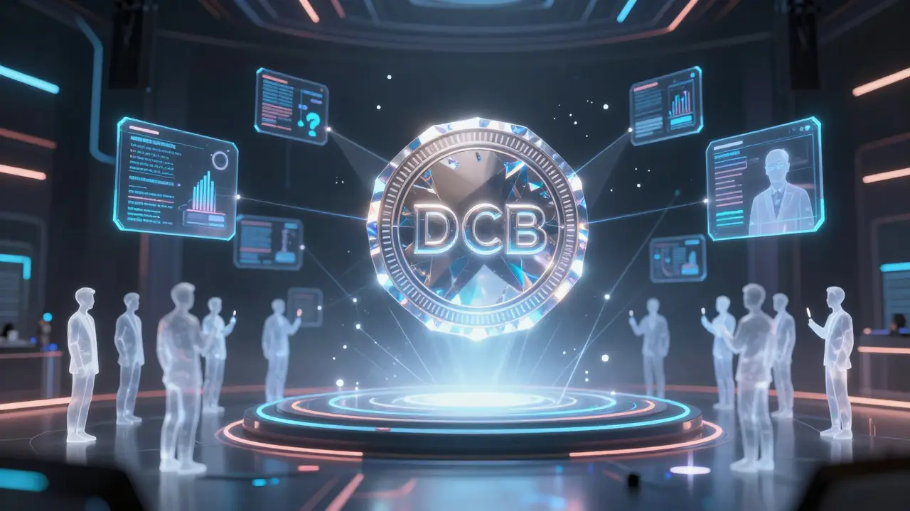 Digital assembly of silhouettes voting on a glowing MCB token in a cyberpunk setting