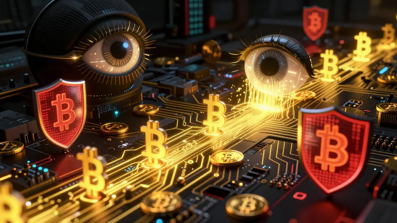 Digital eye scanning and blocking cryptocurrency symbols in a neon circuit network