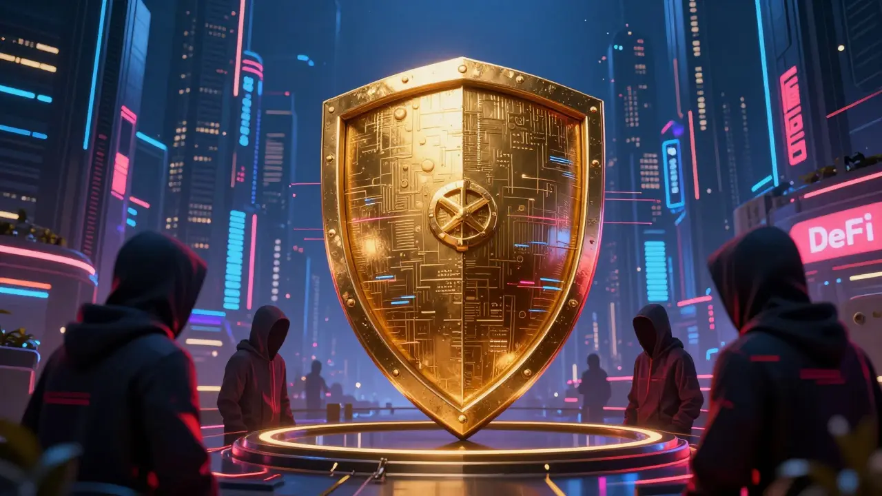 Digital golden shield protecting a crypto vault from red glitchy shadows in a neon city.