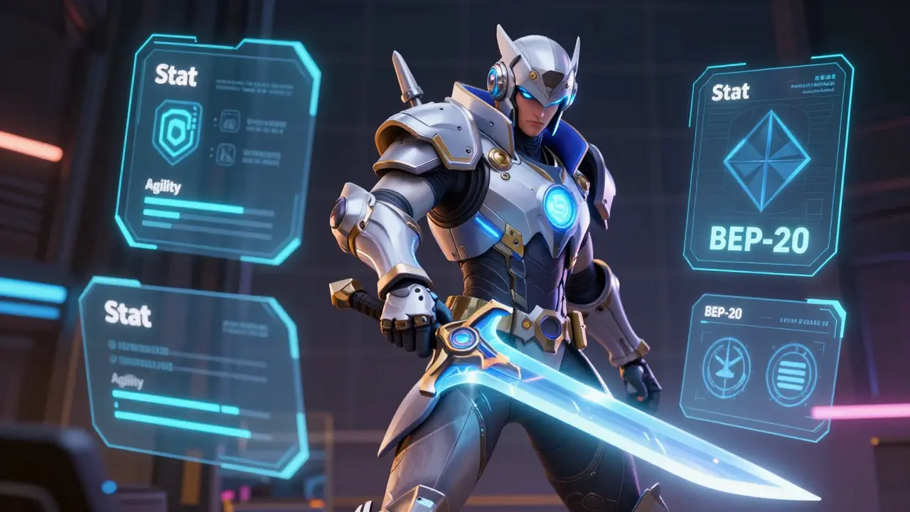 Digital interface showing a futuristic Hero NFT warrior being upgraded with holographic stats.