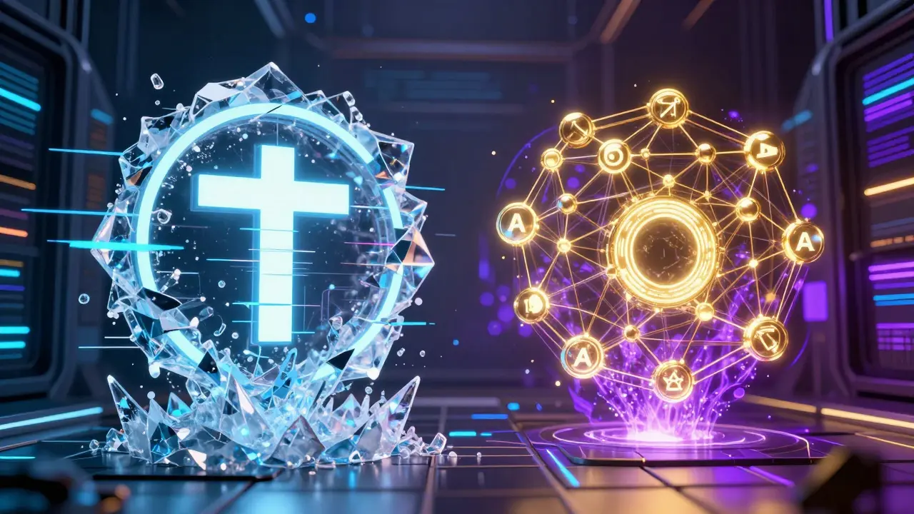 Digital representation of transitioning from frozen Tether assets to decentralized DAI