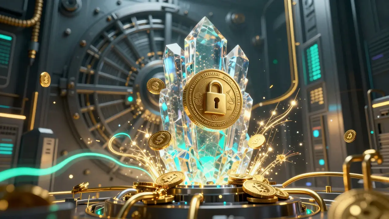 Digital tokens being staked in a futuristic cyberpunk crystalline vault with glowing conduits