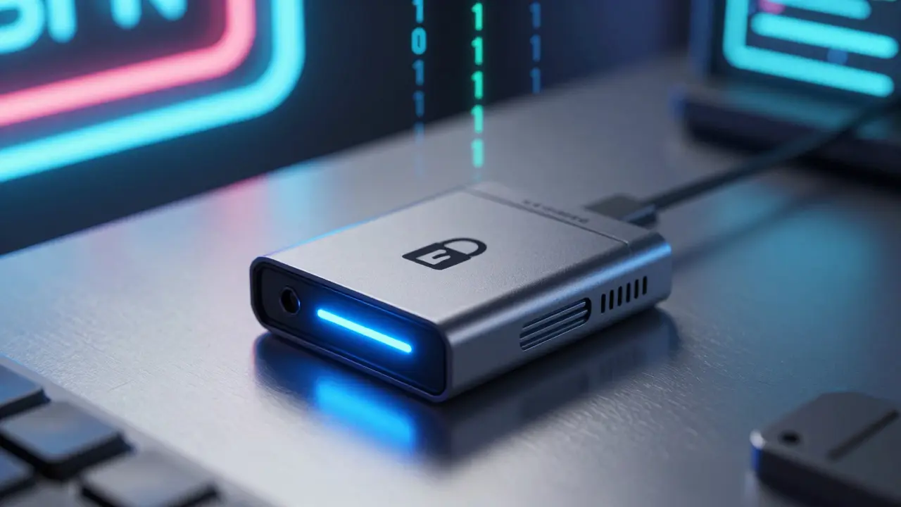 Futuristic hardware wallet on a metallic surface with binary code in the background.