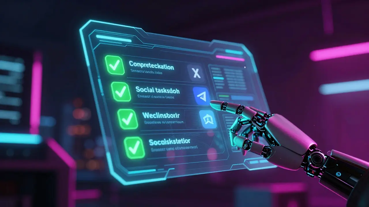 Futuristic holographic interface showing completed crypto airdrop social tasks in a neon setting