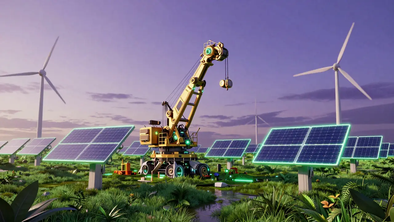 Futuristic mining rigs powered by neon solar panels and wind turbines at twilight.