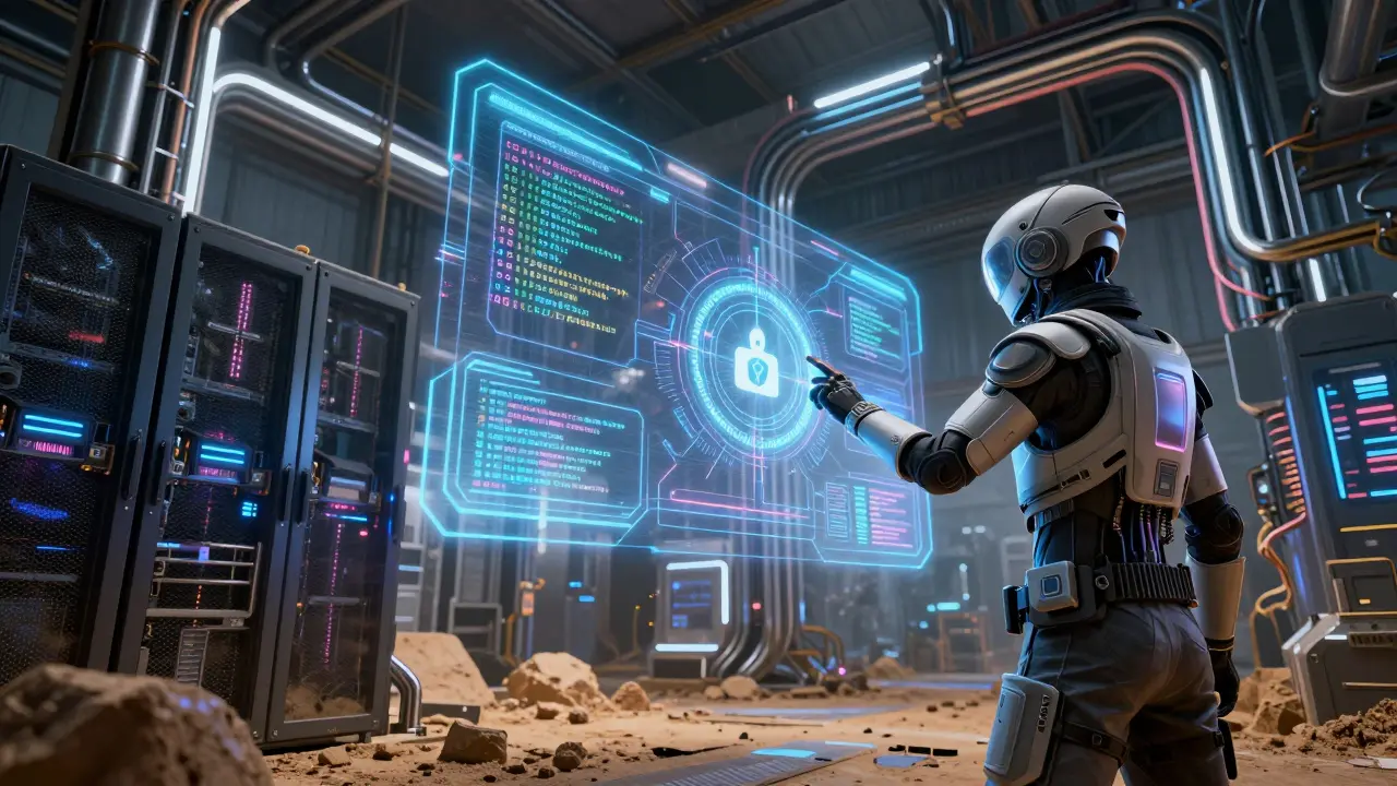 Futuristic server room with holographic screens showing mining data in cyberpunk style.