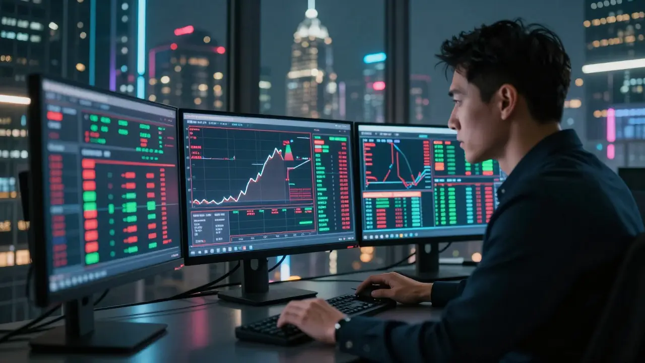 Futuristic trading station with volatile price charts and neon city view