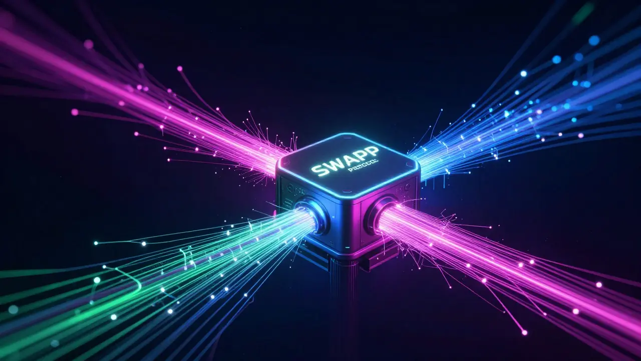 Glowing network of neon data streams representing a decentralized trade aggregator.