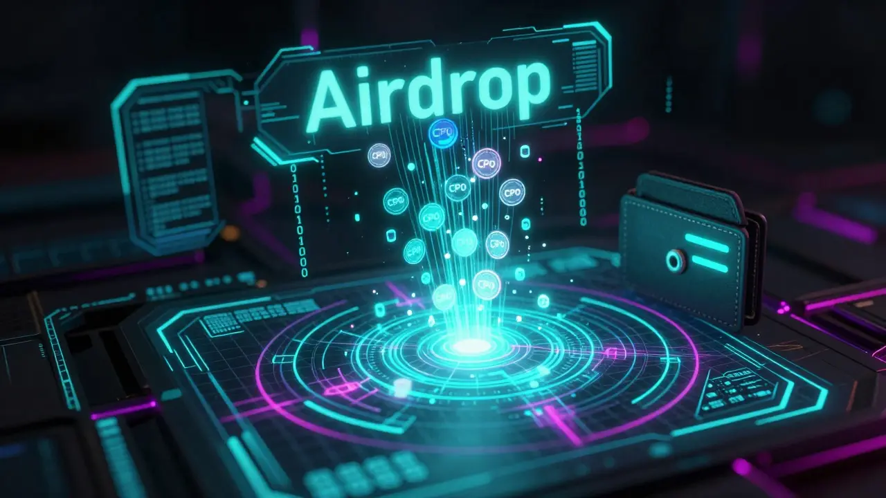 Holographic CPO tokens flowing into a digital wallet in a cyberpunk data environment.