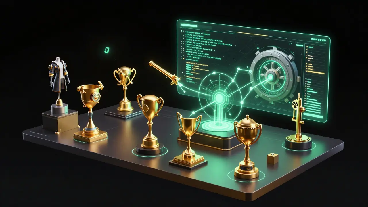 Holographic display of rare 3D NFT gaming assets in a digital cyberpunk vault