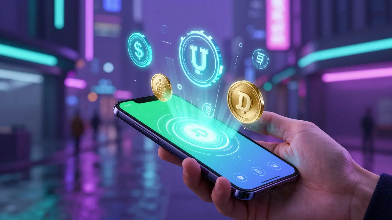 Holographic stablecoin icons floating above a futuristic smartphone in a neon city