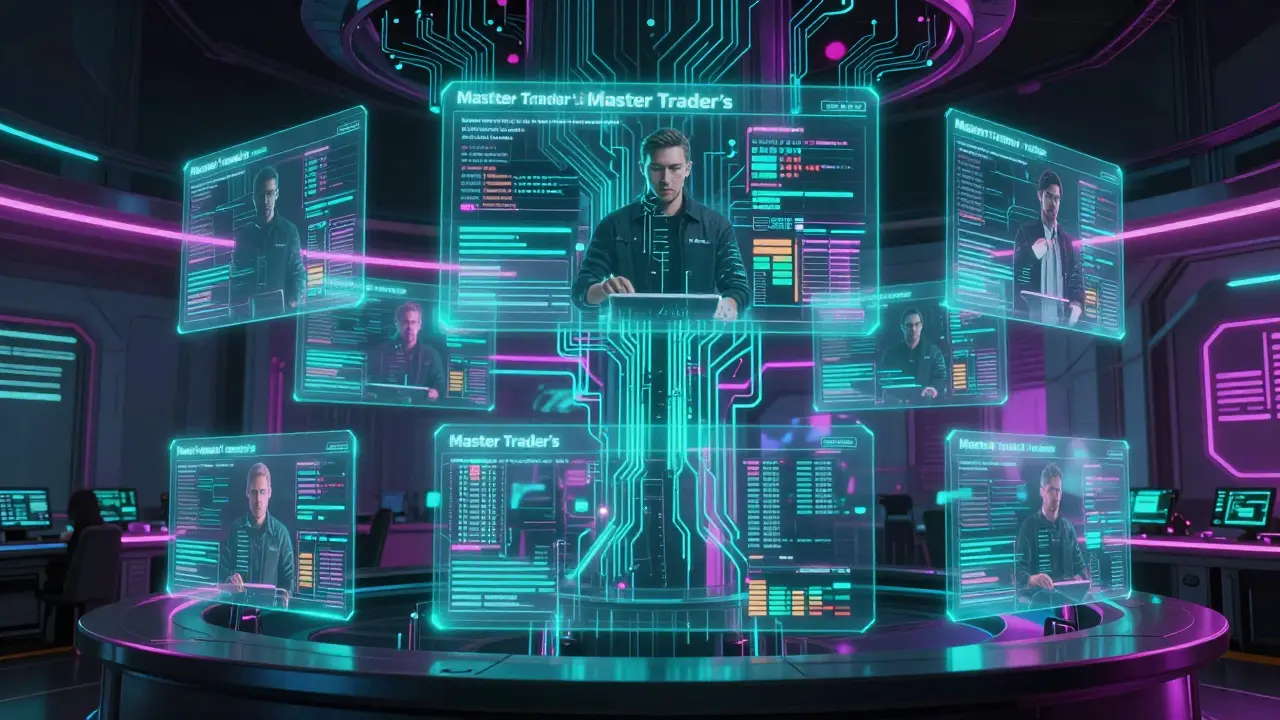 Holographic trading screens mirroring a master trader's moves in a futuristic center