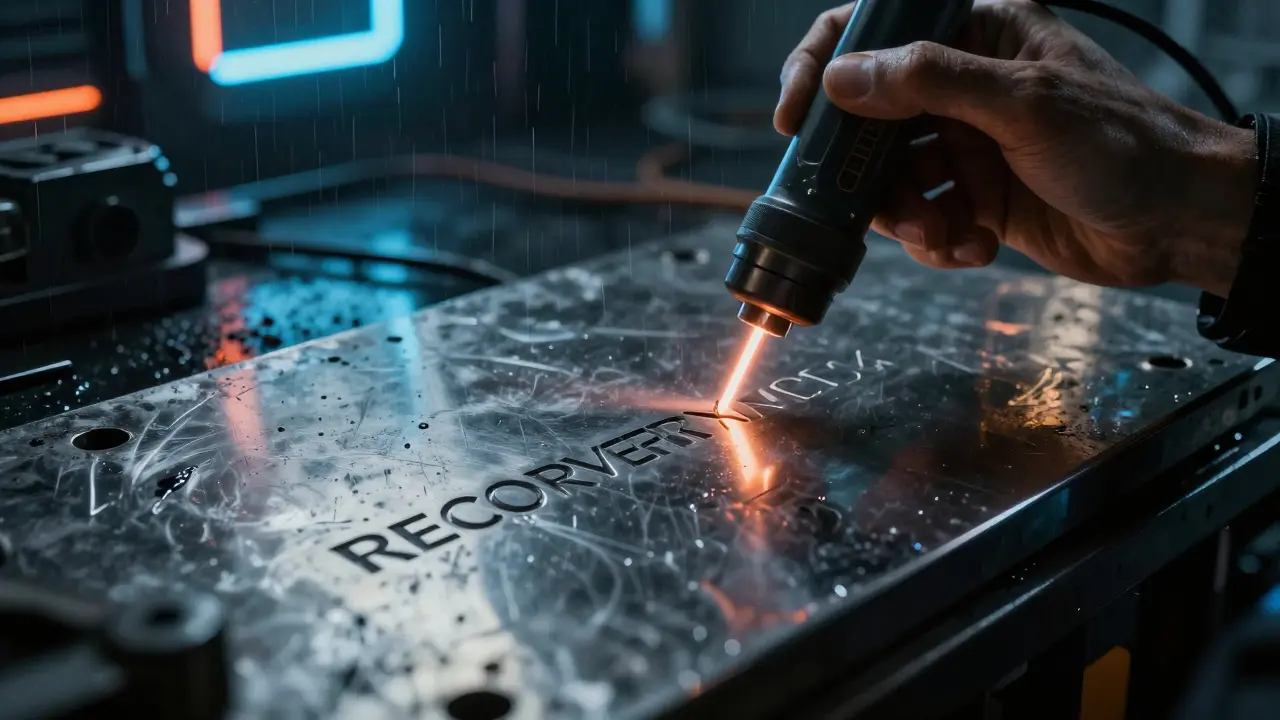 Laser etching a seed phrase into a steel plate in a cyberpunk workshop