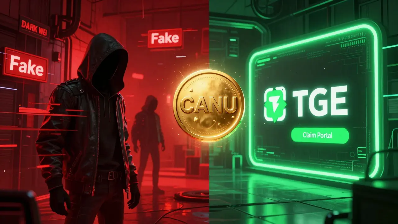 Split scene comparing a dangerous red glitchy scam area and a secure green claim portal.