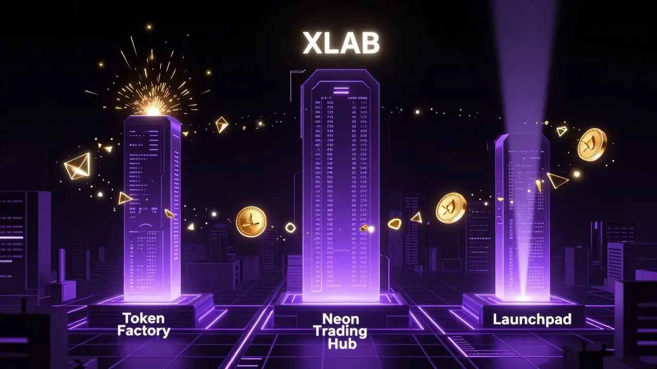 Three glowing cyberpunk pillars representing token minting, exchange, and launchpad services.