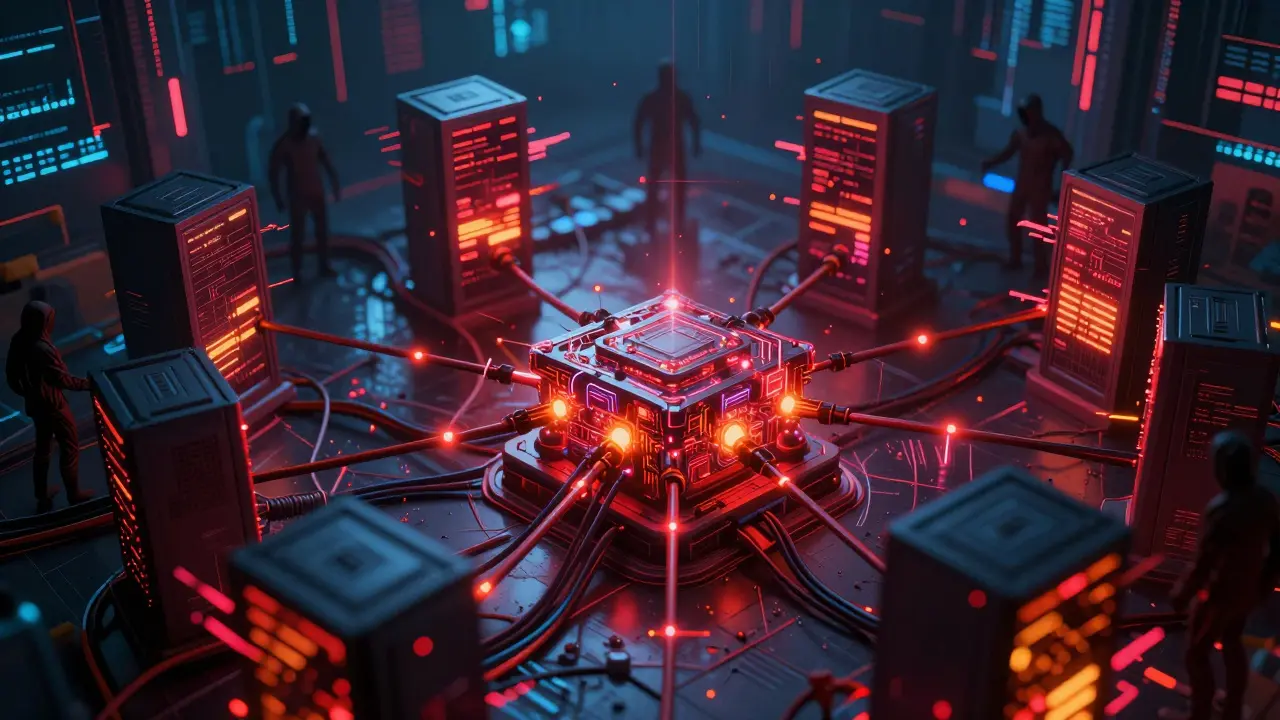 A digital node under attack with red warning lights and glitch effects, showing security risks in composable systems