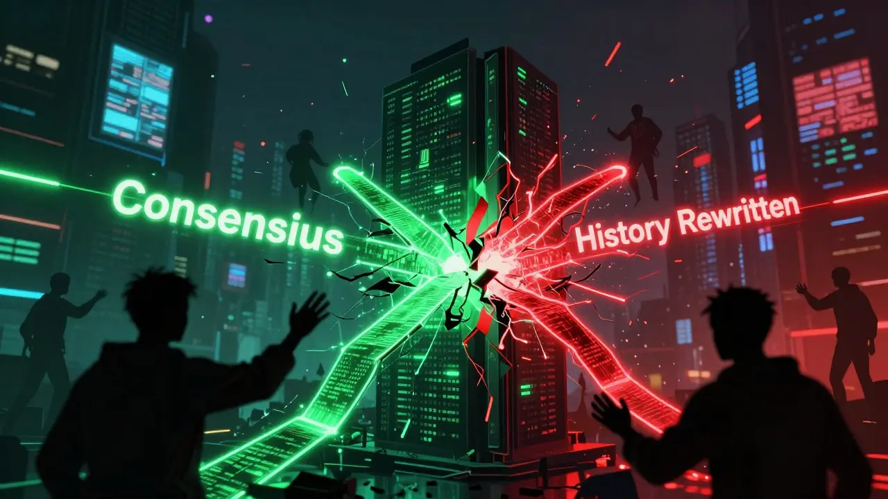 A fractured digital ledger splitting into two paths amidst a dystopian cyber city