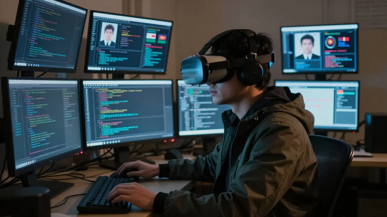 A hooded hacker using masking software to hide their location while executing cyberattacks.