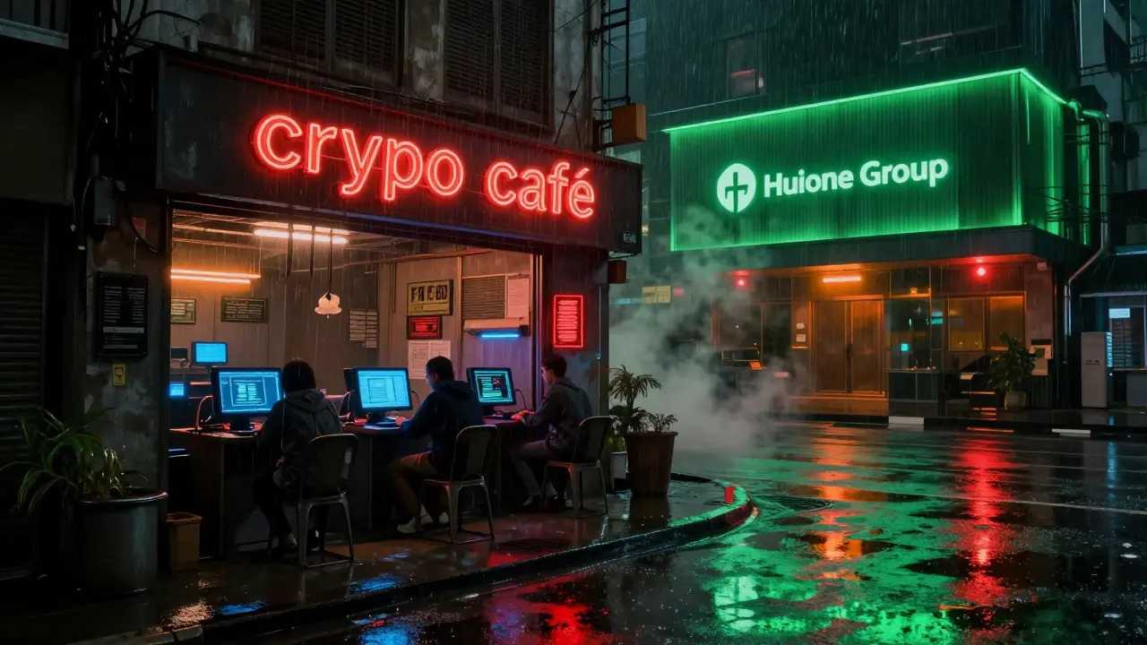 A neon-lit crypto cafe in Cambodia where illicit funds are converted to cash under cover of night.