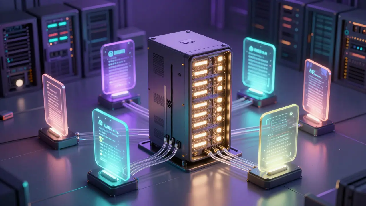 A secure core server connected to flexible modules via energy shields, illustrating a balanced hybrid architecture