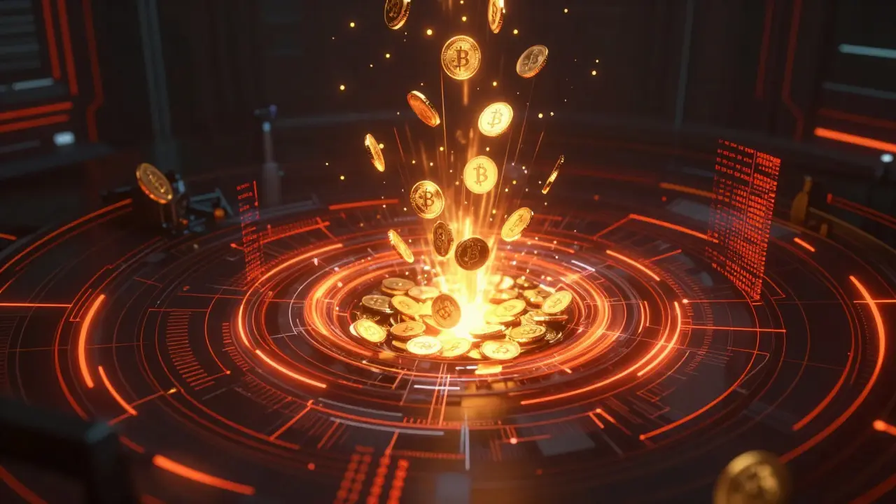 Abstract vortex consuming golden coins to represent token burn mechanism in cyber style