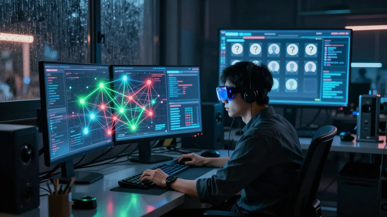 Analyst reviewing holographic network graphs and team profiles