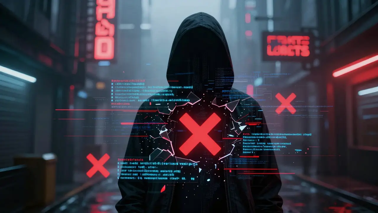 Anonymous figure behind glitching code representing security risks
