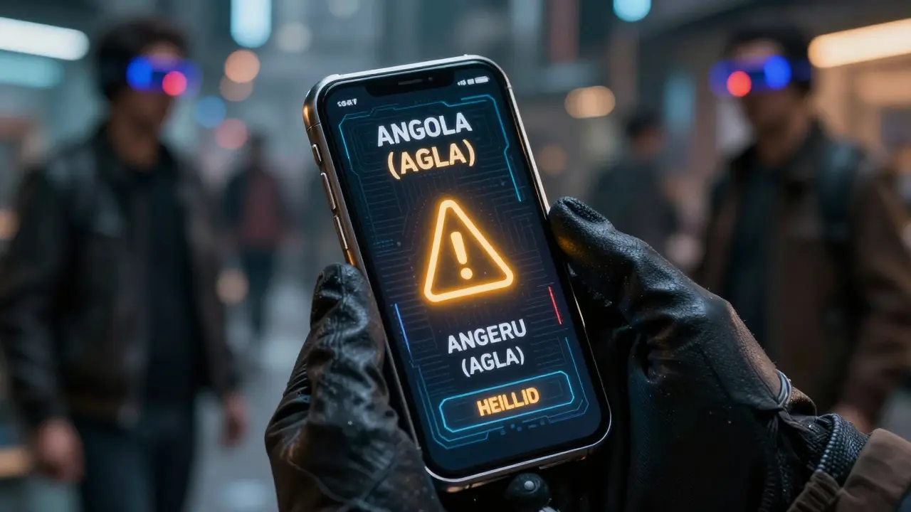 Close-up of a digital wallet showing AGLA token with amber warning lights in a cyberpunk setting.