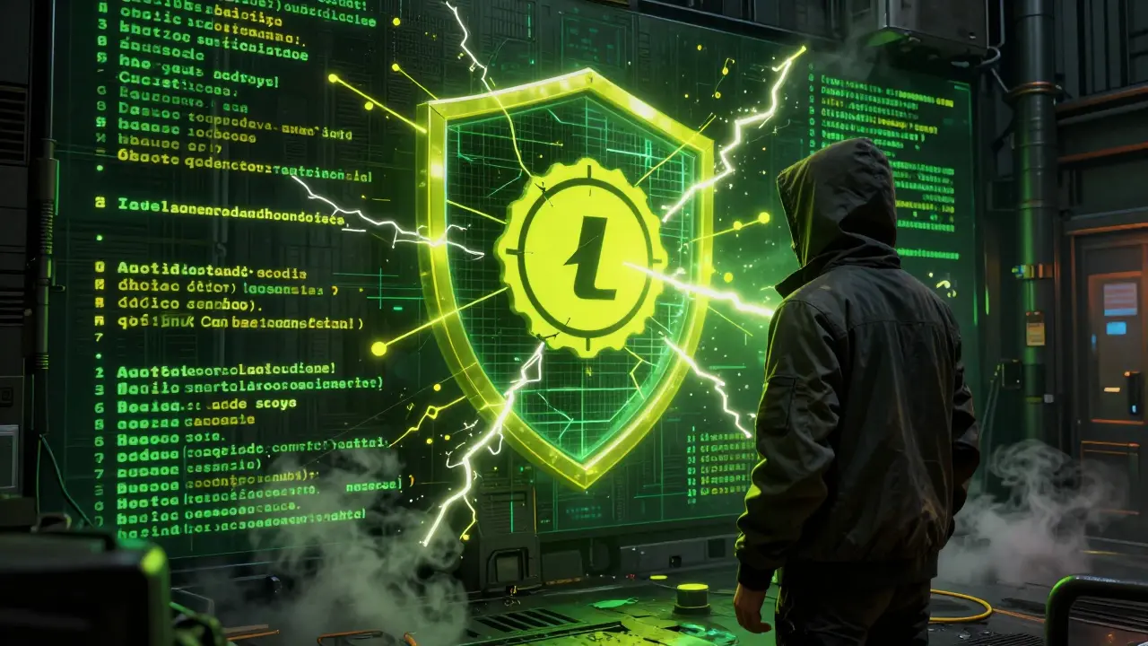 Cracked security shield and code vulnerabilities in a dark cyberpunk alleyway.