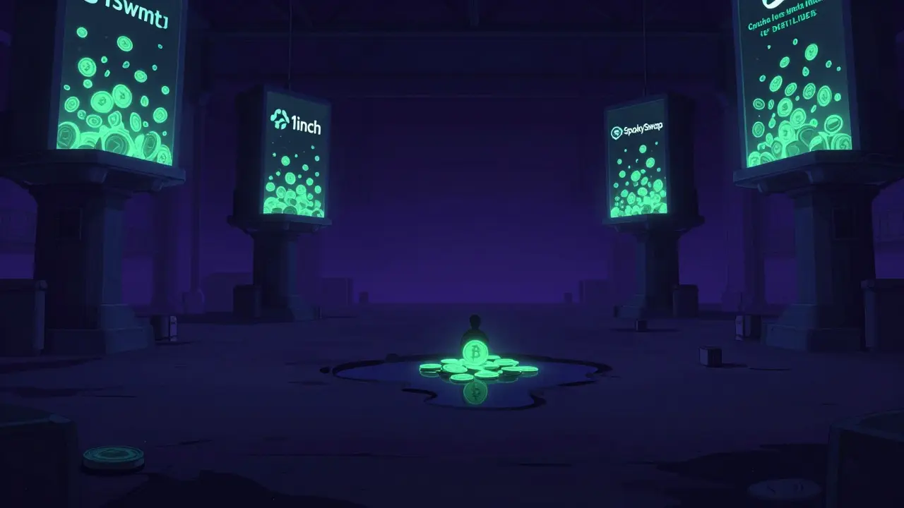 Cyberpunk illustration of a tiny token pool vs massive competitor structures