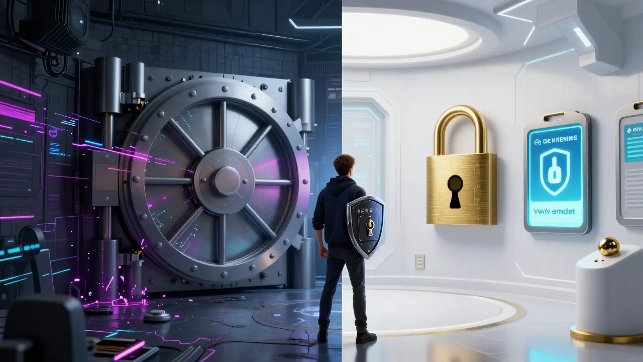 Cyberpunk scene contrasting a chaotic scam platform with a secure, regulated crypto sanctuary.