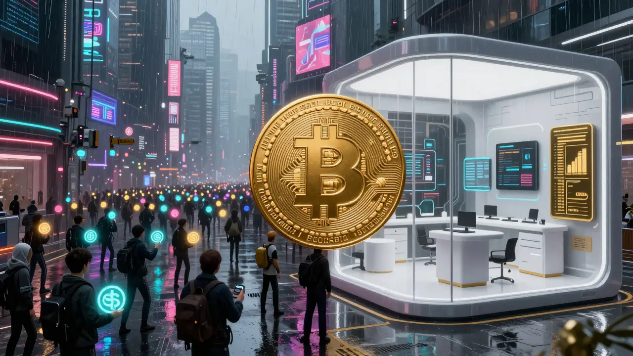 Cyberpunk split view contrasting open public and closed private blockchains