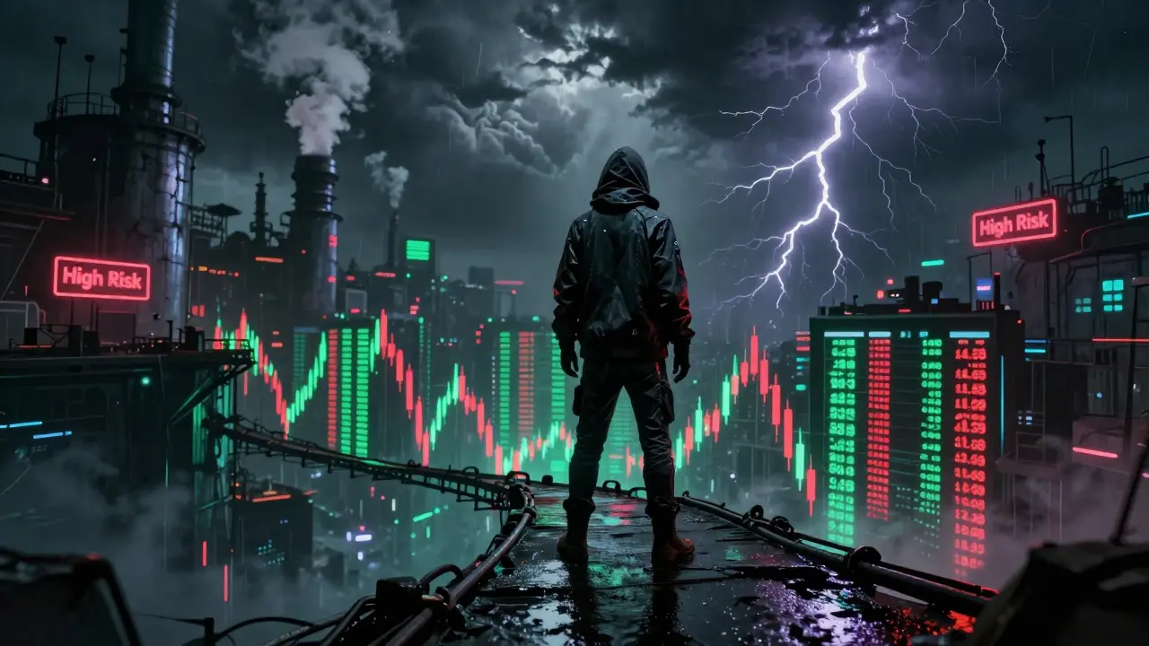 Cyberpunk trader standing on volatile crypto chart bridge