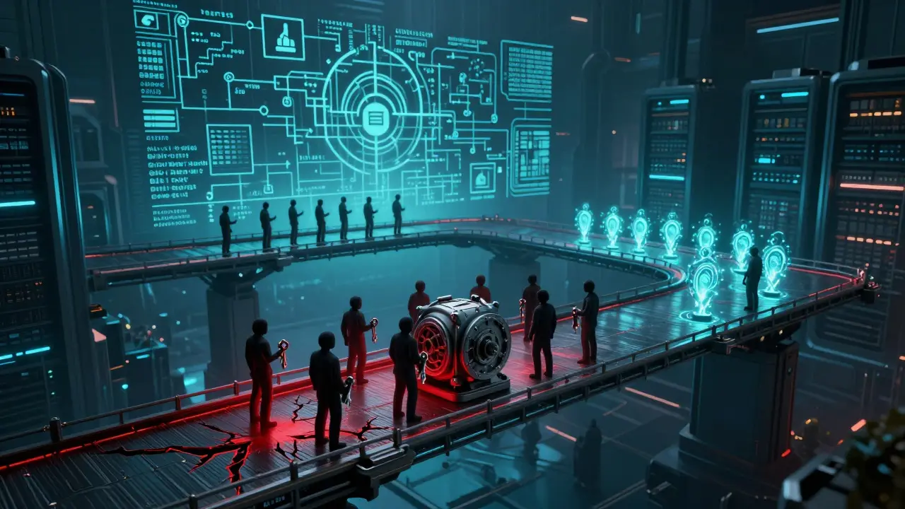 Cyberpunk visualization comparing federated, PoS, and trustless bridge security models in a server room.