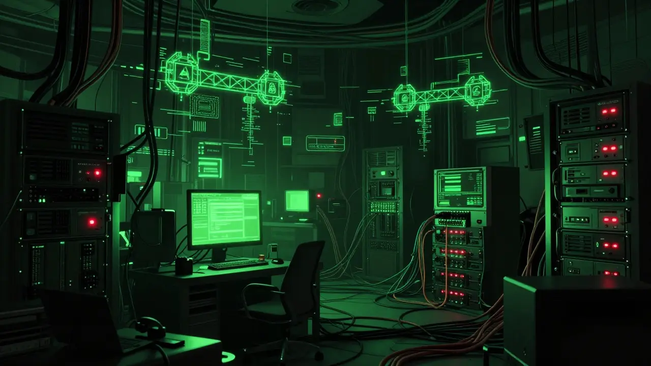 Dark server room with glowing terminals and glitching crypto bridges