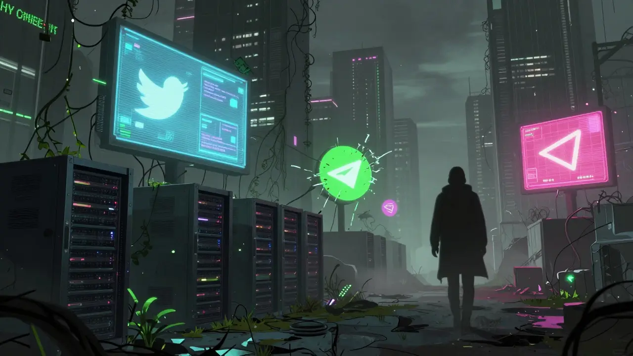 Decaying neon cityscape symbolizing an abandoned zombie crypto token project