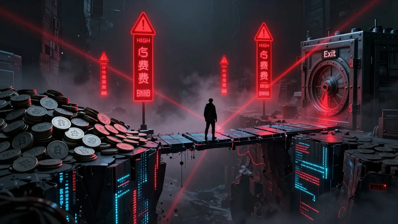 Digital bridge blocked by high fees, illustrating crypto illiquidity trap in neon lights