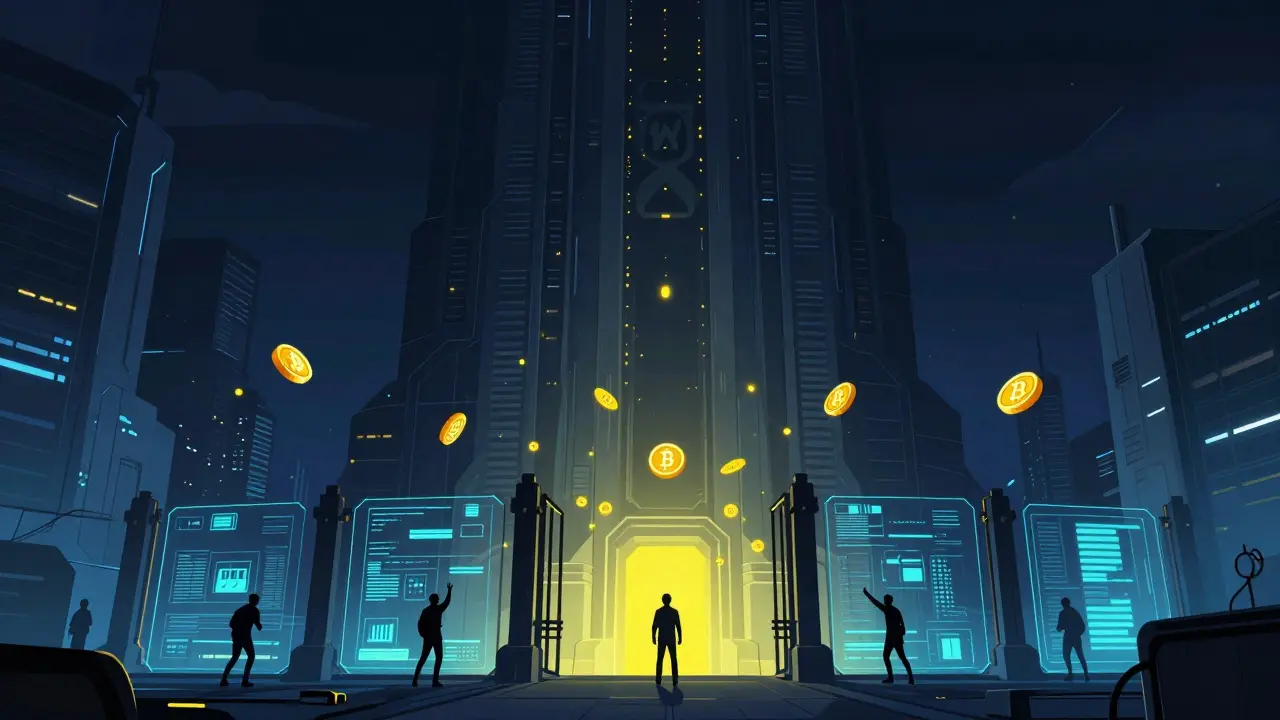 Digital illustration of users trapped behind barriers, unable to access funds from a shady exchange.