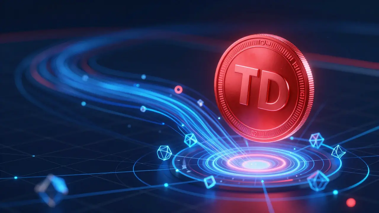Digital red coin surrounded by blockchain data streams