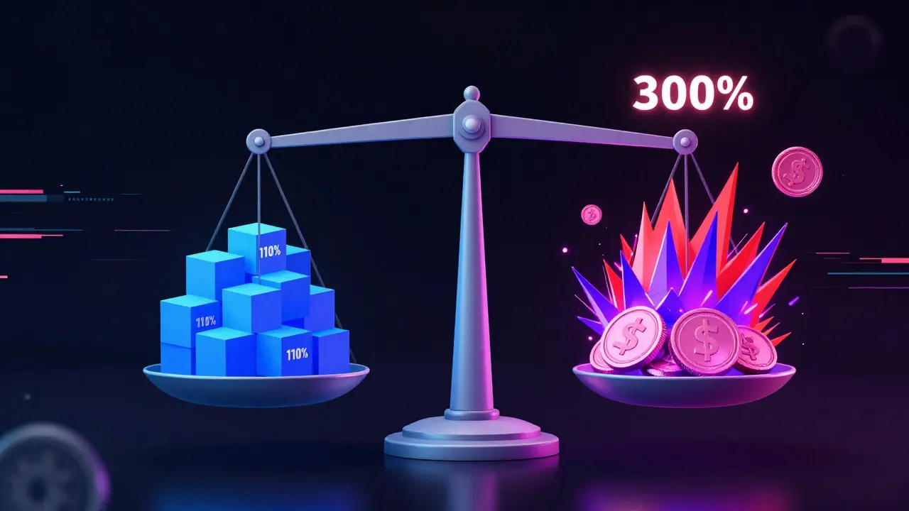 Digital scale balancing stable assets against volatile crypto tokens in neon style